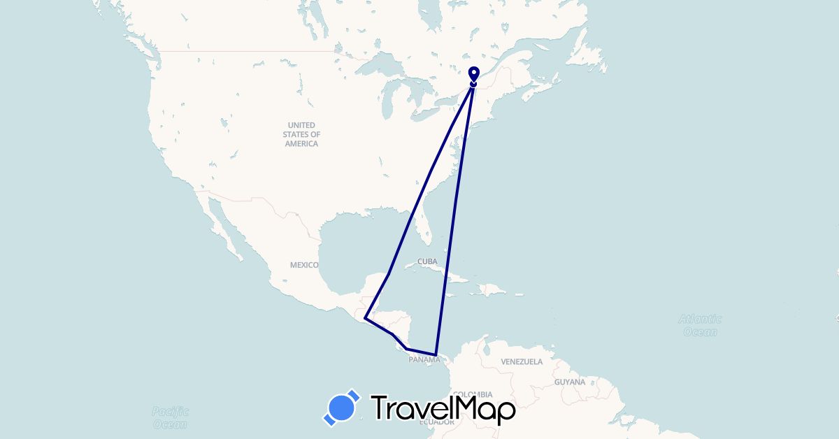 TravelMap itinerary: driving in Canada, Costa Rica, Guatemala, Mexico, Nicaragua, Panama (North America)